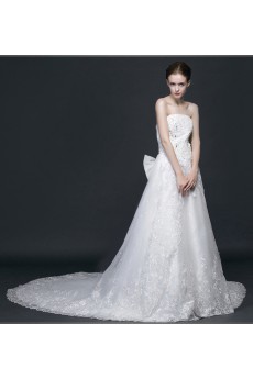 Lace, Satin, Tulle Strapless Chapel Train Sleeveless A-line Dress with Beads, Bow
