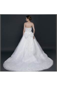 Lace, Satin, Tulle Strapless Chapel Train Sleeveless A-line Dress with Beads, Bow
