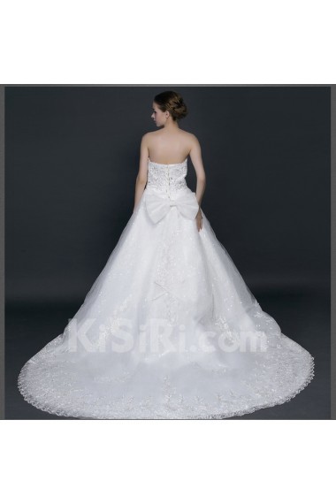 Lace, Satin, Tulle Strapless Chapel Train Sleeveless A-line Dress with Beads, Bow