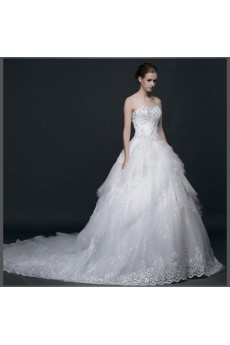 Lace, Satin, Tulle Sweetheart Chapel Train Sleeveless Ball Gown Dress with Rhinestone, Sequins