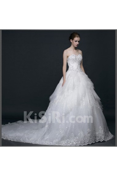 Lace, Satin, Tulle Sweetheart Chapel Train Sleeveless Ball Gown Dress with Rhinestone, Sequins
