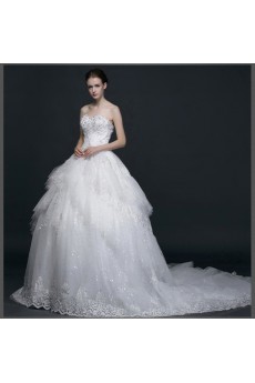 Lace, Satin, Tulle Sweetheart Chapel Train Sleeveless Ball Gown Dress with Rhinestone, Sequins