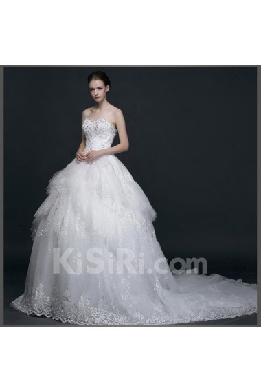 Lace, Satin, Tulle Sweetheart Chapel Train Sleeveless Ball Gown Dress with Rhinestone, Sequins