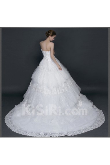 Lace, Satin, Tulle Sweetheart Chapel Train Sleeveless Ball Gown Dress with Rhinestone, Sequins