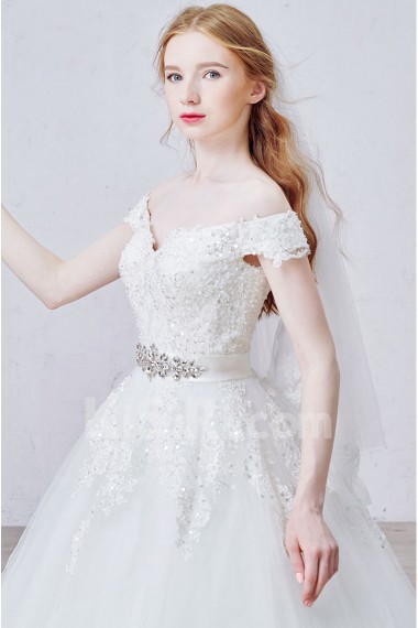 Lace, Tulle, Satin Off-the-Shoulder Chapel Train Ball Gown Dress with Sequins, Rhinestone