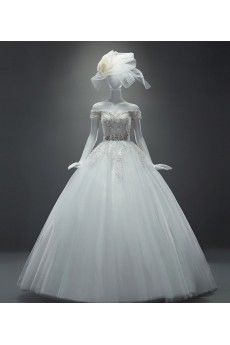 Lace, Tulle, Satin Off-the-Shoulder Chapel Train Ball Gown Dress with Sequins, Rhinestone