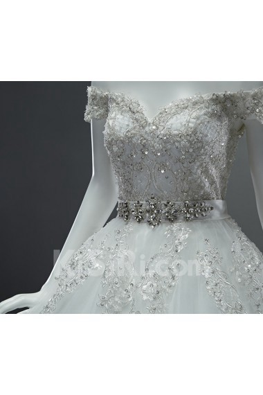 Lace, Tulle, Satin Off-the-Shoulder Chapel Train Ball Gown Dress with Sequins, Rhinestone