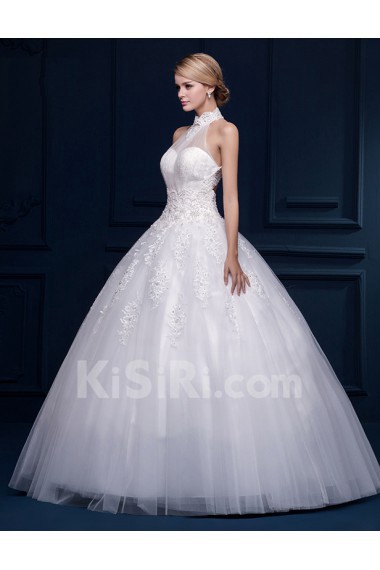 Tulle, Lace Halter Floor Length Sleeveless Ball Gown Dress with Pearl