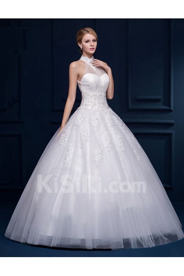 Tulle, Lace Halter Floor Length Sleeveless Ball Gown Dress with Pearl