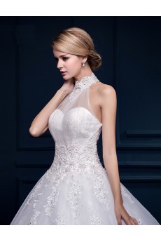 Tulle, Lace Halter Floor Length Sleeveless Ball Gown Dress with Pearl