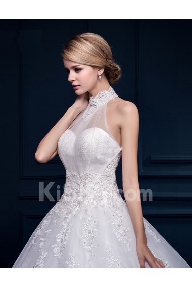 Tulle, Lace Halter Floor Length Sleeveless Ball Gown Dress with Pearl