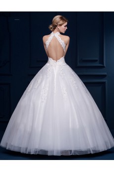 Tulle, Lace Halter Floor Length Sleeveless Ball Gown Dress with Pearl