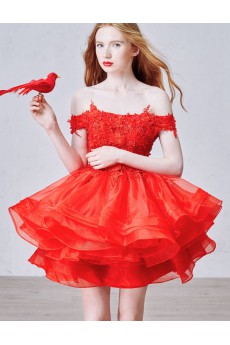 Lace, Organza, Tulle Off-the-Shoulder Mini/Short Ball Gown Dress with Rhinestone, Flowers