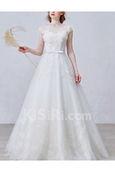 Tulle, Satin Scoop Floor Length Cap Sleeve A-line Dress with Handmade Flowers, Bow