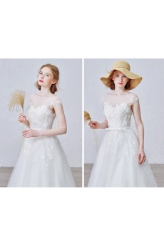 Tulle, Satin Scoop Floor Length Cap Sleeve A-line Dress with Handmade Flowers, Bow