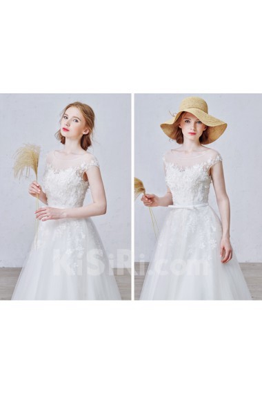 Tulle, Satin Scoop Floor Length Cap Sleeve A-line Dress with Handmade Flowers, Bow