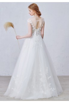 Tulle, Satin Scoop Floor Length Cap Sleeve A-line Dress with Handmade Flowers, Bow