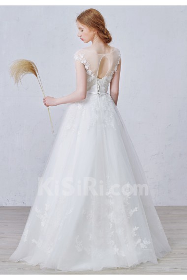Tulle, Satin Scoop Floor Length Cap Sleeve A-line Dress with Handmade Flowers, Bow
