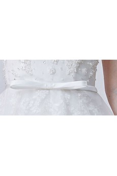 Tulle, Satin Scoop Floor Length Cap Sleeve A-line Dress with Handmade Flowers, Bow
