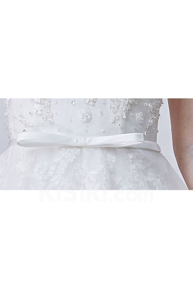 Tulle, Satin Scoop Floor Length Cap Sleeve A-line Dress with Handmade Flowers, Bow