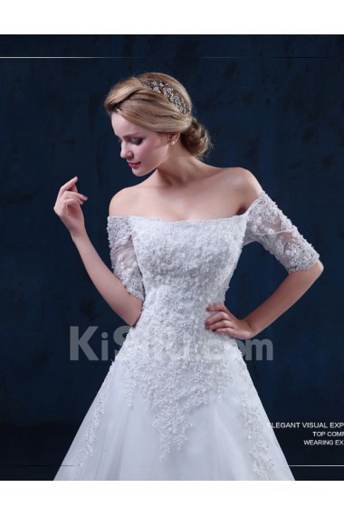 Tulle, Lace Off-the-Shoulder Floor Length Half Sleeve A-line Dress with Beads