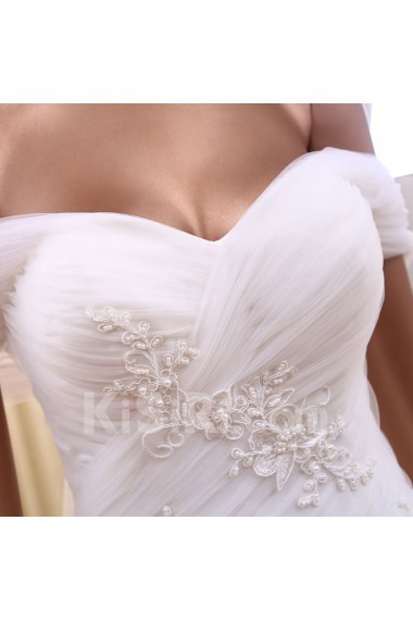 Tulle Off-the-Shoulder Chapel Train Ball Gown Dress with Pearl