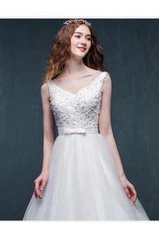 Lace, Satin V-neck Floor Length Sleeveless A-line Dress with Beads, Bow