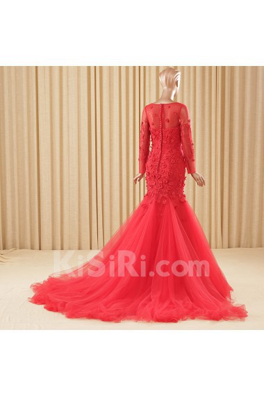 Lace, Tulle Scoop Chapel Train Long Sleeve Mermaid Dress with Embroidered
