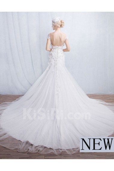 Tulle, Lace Scoop Cathedral Train Cap Sleeve A-line Dress with Handmade Flowers, Sash