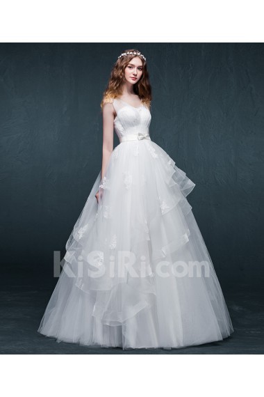 Tulle, Satin V-neck Floor Length Sleeveless Ball Gown Dress with Beads, Bow