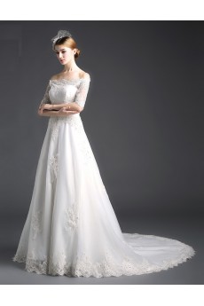 Tulle, Lace Off-the-Shoulder Chapel Train Half Sleeve A-line Dress with Sequins, Bow