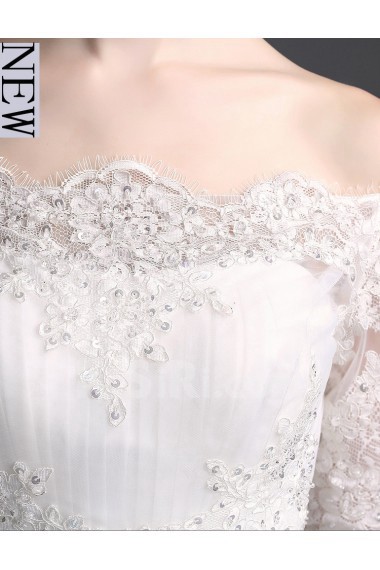 Tulle, Lace Off-the-Shoulder Chapel Train Half Sleeve A-line Dress with Sequins, Bow