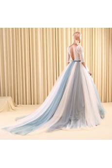 Tulle Square Sweep Train Half Sleeve Ball Gown Dress with Beads