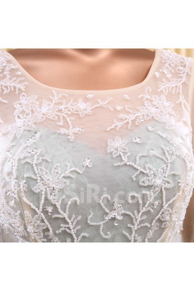 Tulle Square Sweep Train Half Sleeve Ball Gown Dress with Beads