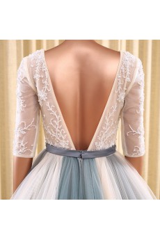 Tulle Square Sweep Train Half Sleeve Ball Gown Dress with Beads