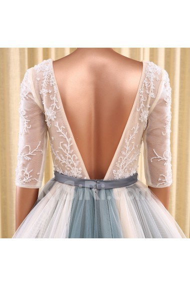 Tulle Square Sweep Train Half Sleeve Ball Gown Dress with Beads