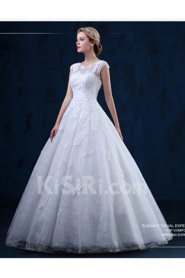 Tulle, Lace Jewel Floor Length Cap Sleeve A-line Dress with Sequins, Sash