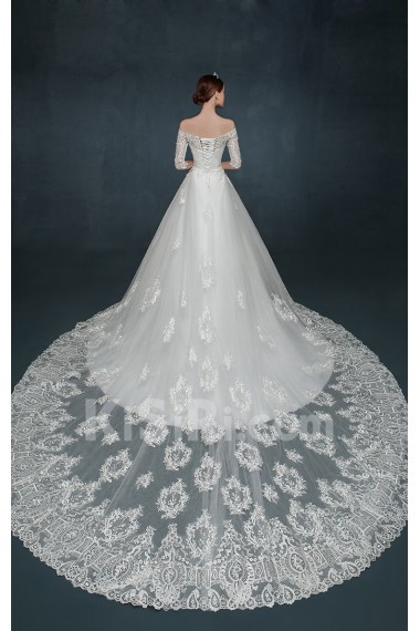 Tulle, Lace, Satin Off-the-Shoulder Cathedral Train Half Sleeve A-line Dress with Applique