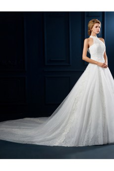 Tulle, Lace Halter Cathedral Train Sleeveless A-line Dress with Pearl