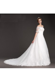 Lace, Tulle Off-the-Shoulder Chapel Train Short Sleeve A-line Dress with 