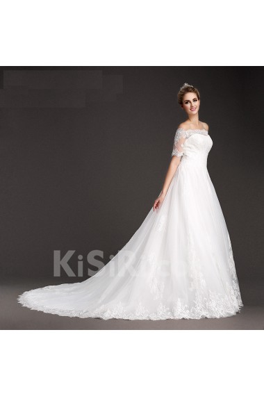 Lace, Tulle Off-the-Shoulder Chapel Train Short Sleeve A-line Dress with 