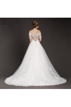 Lace, Tulle Off-the-Shoulder Chapel Train Short Sleeve A-line Dress with 