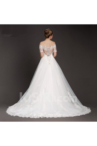 Lace, Tulle Off-the-Shoulder Chapel Train Short Sleeve A-line Dress with 