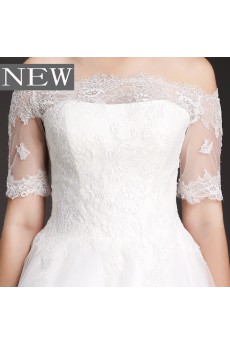 Lace, Tulle Off-the-Shoulder Chapel Train Short Sleeve A-line Dress with 