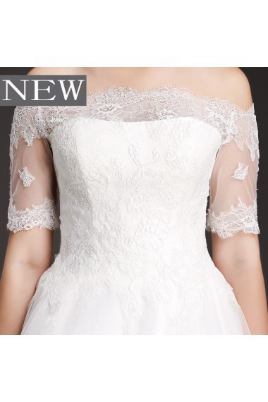 Lace, Tulle Off-the-Shoulder Chapel Train Short Sleeve A-line Dress with 