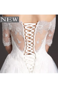 Lace, Tulle Off-the-Shoulder Chapel Train Short Sleeve A-line Dress with 