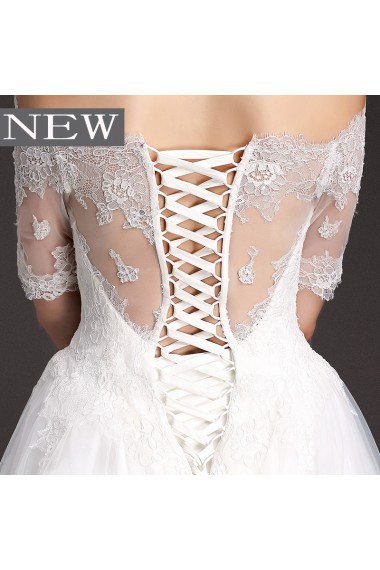 Lace, Tulle Off-the-Shoulder Chapel Train Short Sleeve A-line Dress with 