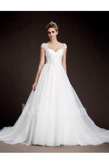 Lace, Tulle V-neck Cathedral Train Cap Sleeve A-line Dress with Beads, Sequins