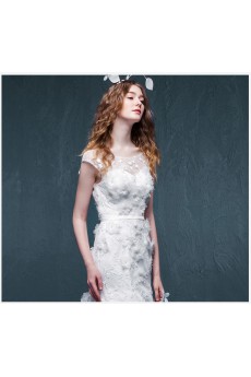 Lace, Satin Scoop Chapel Train Cap Sleeve Mermaid Dress with Handmade Flowers, Sash