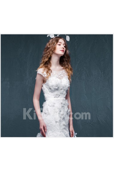Lace, Satin Scoop Chapel Train Cap Sleeve Mermaid Dress with Handmade Flowers, Sash